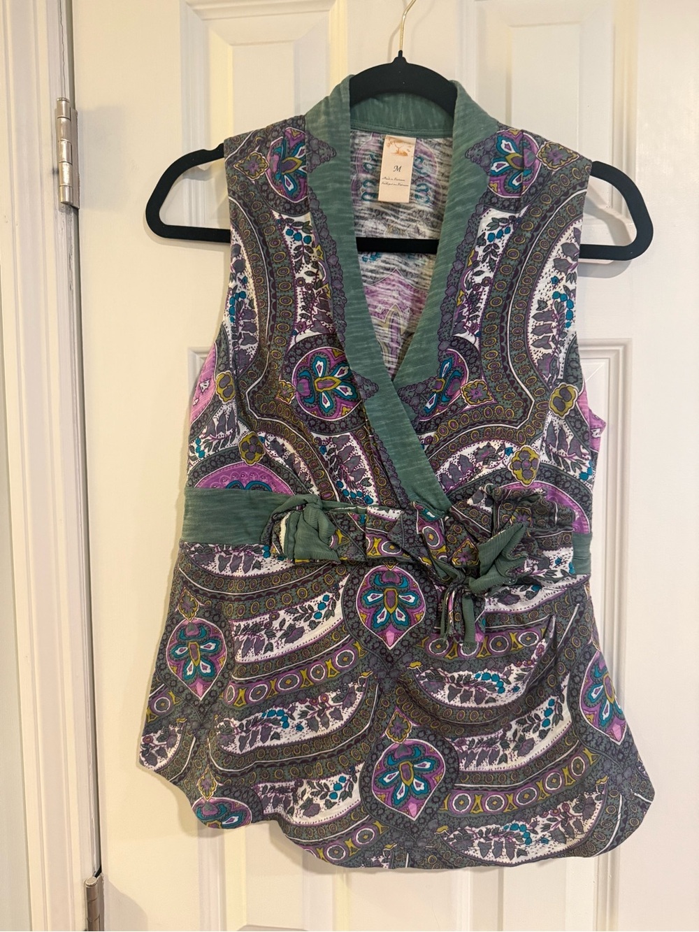 Vintage Free People Sleeveless Paisley Wrap Top with Green Trim